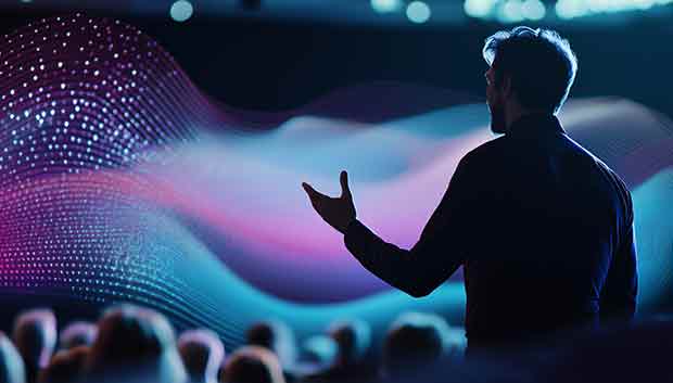 Speaker on stage addressing an audience at an event